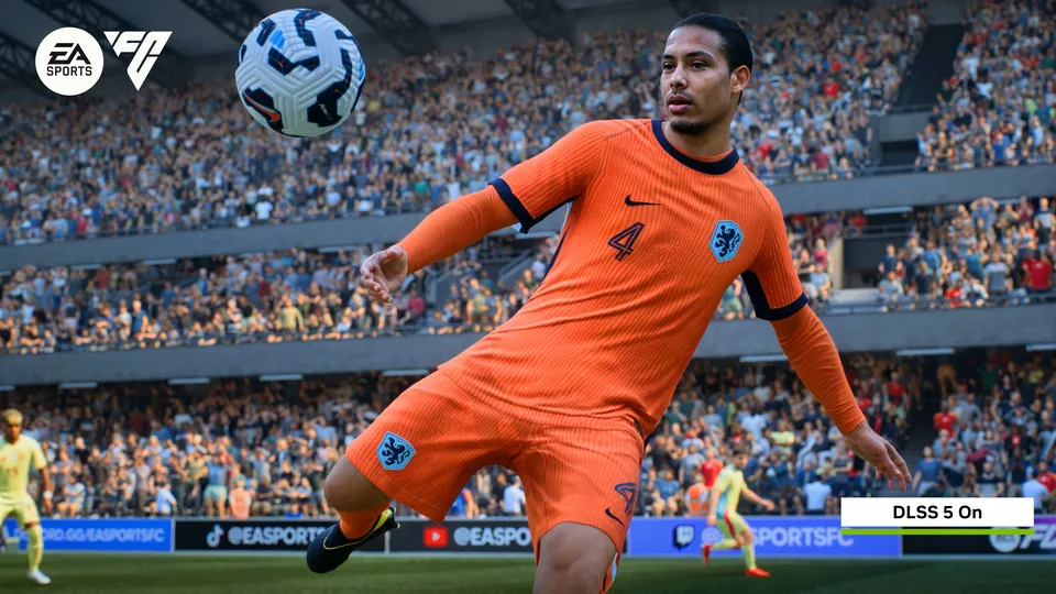 A soccer player in an orange Netherlands kit volleying the ball in EA Sports FC with DLSS 5 on