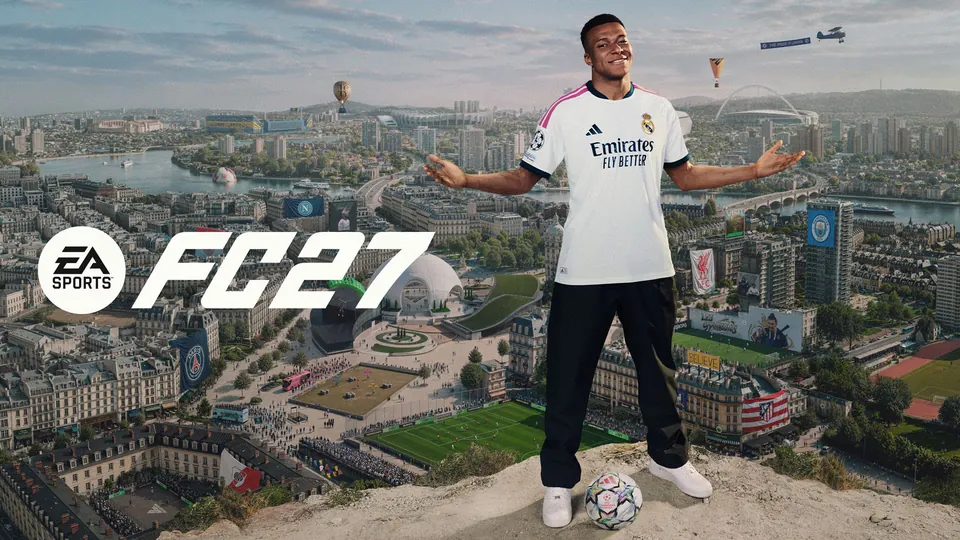 Kylian Mbappé in a Real Madrid kit stands with arms outstretched above a city of football stadiums in EA Sports FC 27 key art