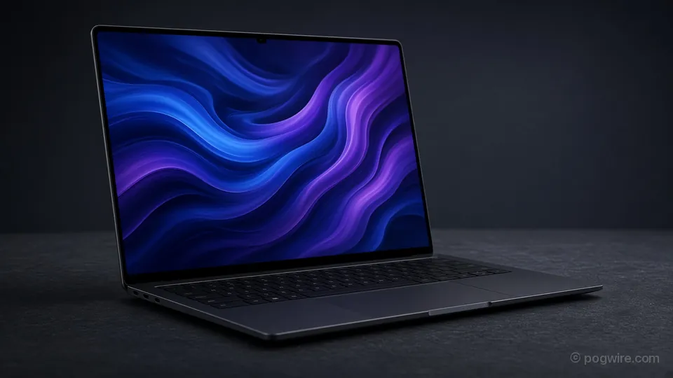 Illustration: a thin dark laptop with a vivid blue and violet wallpaper on a slate surface