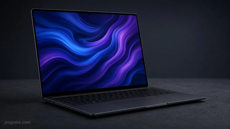 Illustration: a thin dark laptop with a vivid blue and violet wallpaper on a slate surface