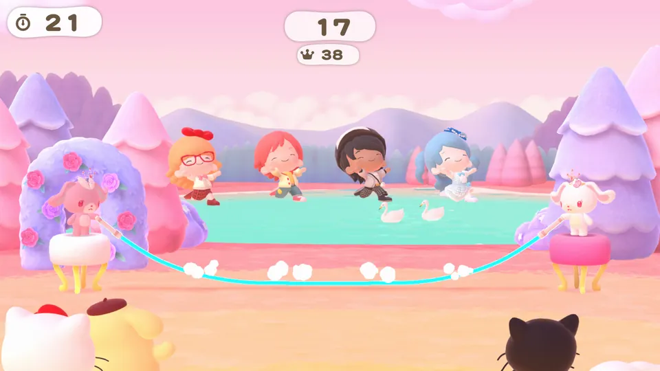 Four player avatars jump rope beside a pond in a pastel Hello Kitty Party Land mini game