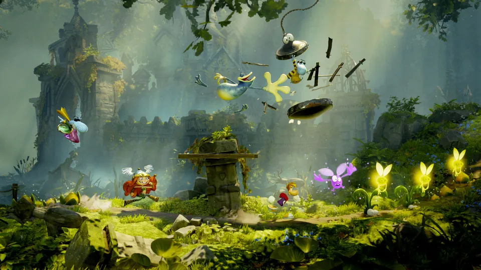 Barbara runs through a misty jungle ruin toward glowing yellow Lums as Globox tumbles through flying debris overhead in Rayman Legends Retold