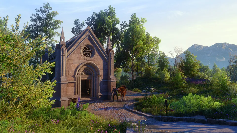 A small stone chapel stands among green trees and mountains in the Letten countryside in Songs of the Past