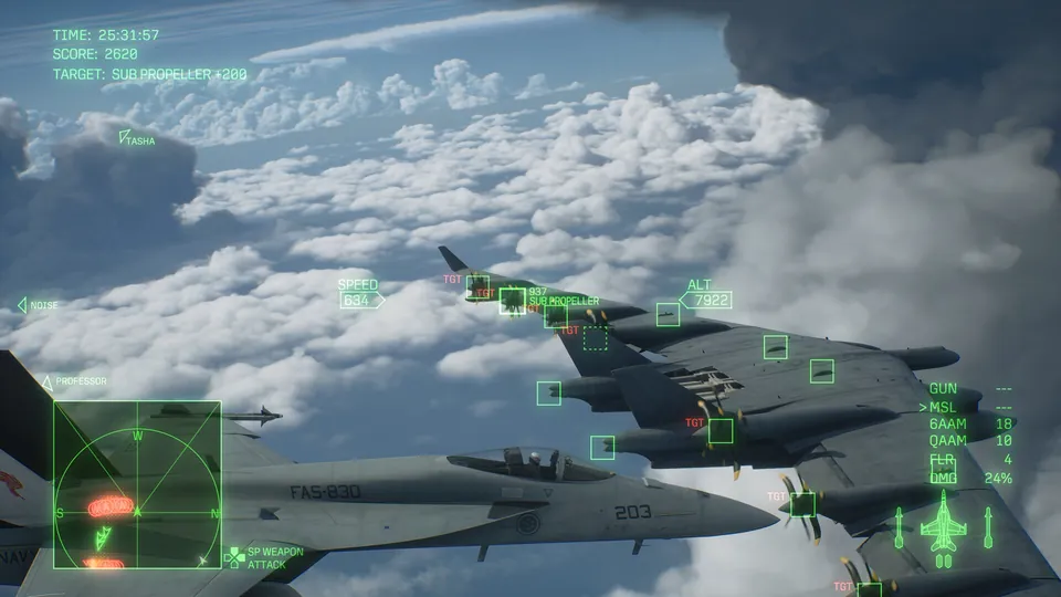 A fighter jet flies next to a large propeller aircraft marked as a target above the clouds in Ace Combat 8