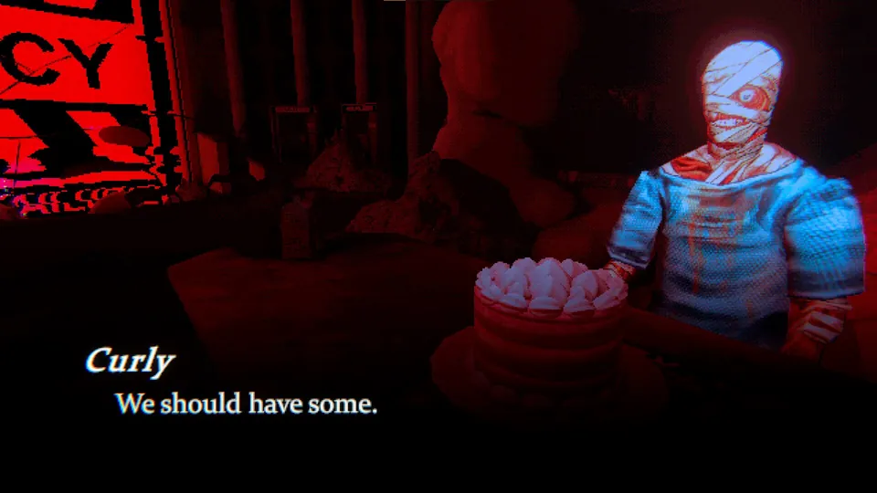 A bandaged figure in a bloodstained blue gown sits behind a frosted birthday cake in a red-lit room in Mouthwashing