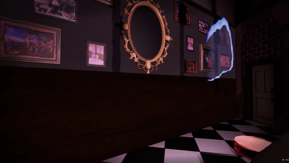 A first-person view of a dim bar hallway with framed pictures, an ornate mirror and a checkered floor