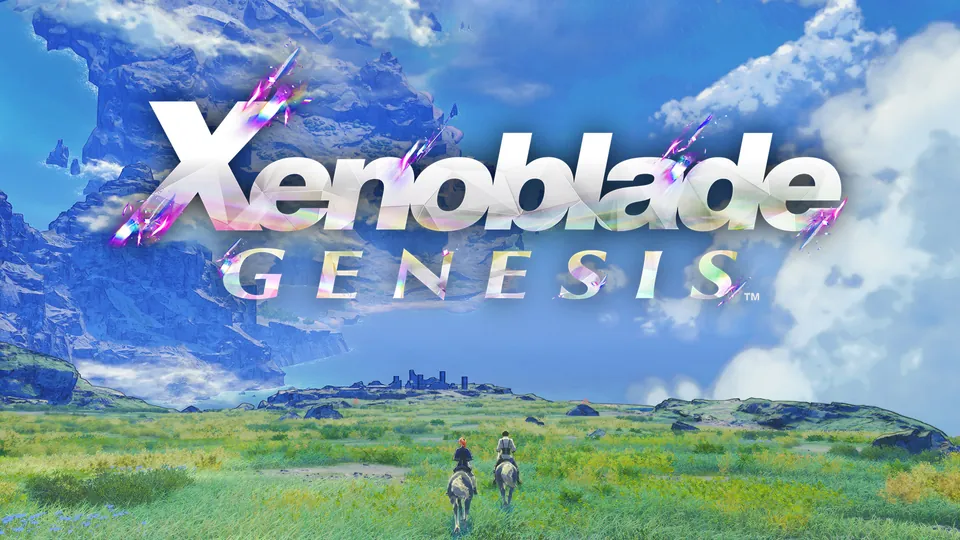 Two riders cross a wide grassy plain under the Xenoblade Genesis logo