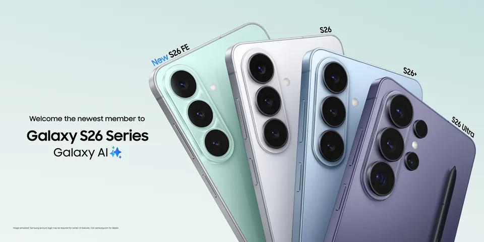 The Galaxy S26 FE, S26, S26+ and S26 Ultra fanned out, camera side up, on a pale green background