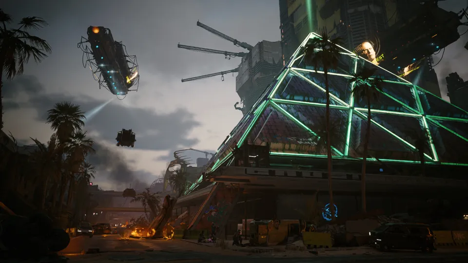 A neon-green pyramid stadium rises over palm trees as an aircraft flies above the Dogtown district in Cyberpunk 2077: Phantom Liberty on Nintendo Switch 2