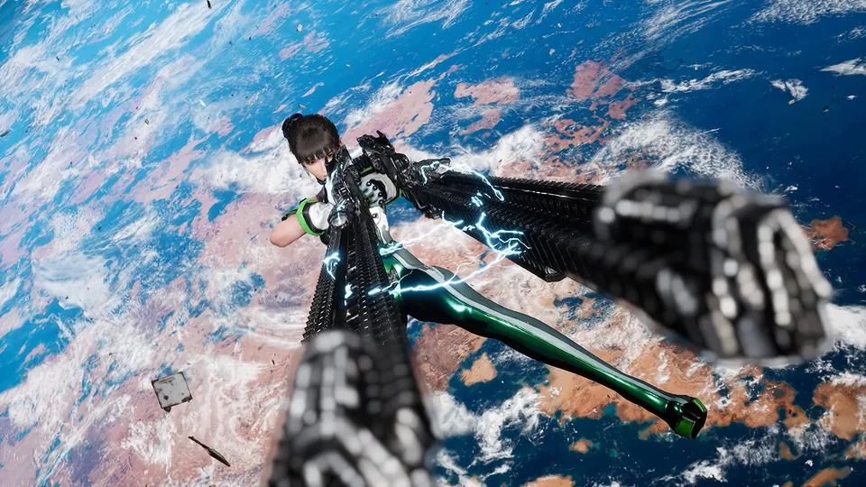 EVE dives toward Earth from orbit with a crackling blade in Stellar Blade Complete Edition on Switch 2