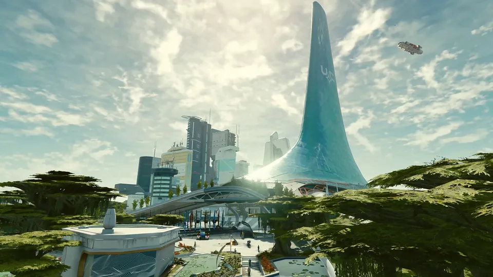 The city of New Atlantis with a tall glass spire under a cloudy sky in Starfield