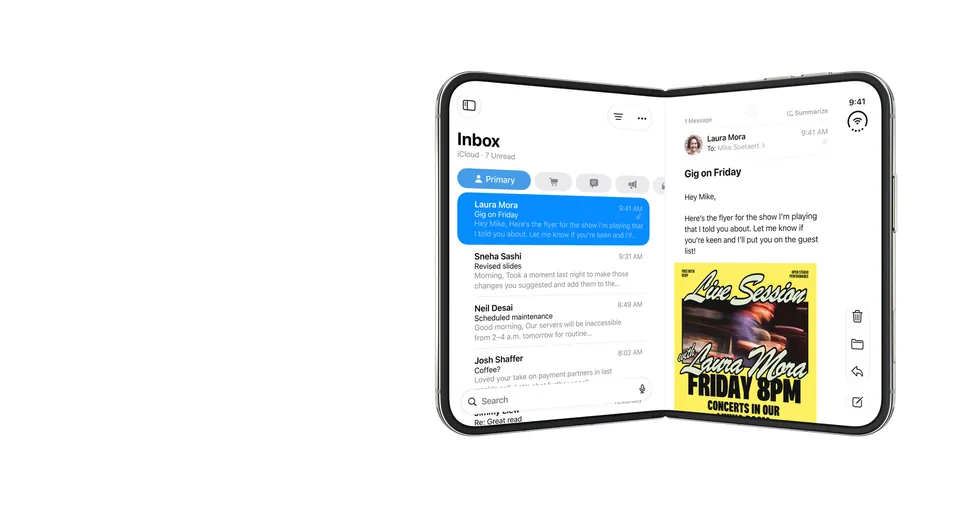 An open iPhone Duo showing Mail in two columns across the 7.6-inch inner display