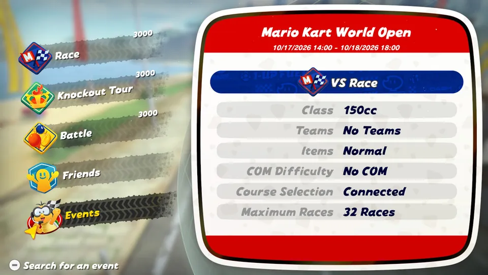 The Mario Kart World Open event screen showing VS Race, 150cc, no teams, normal items, no COM and up to 32 races