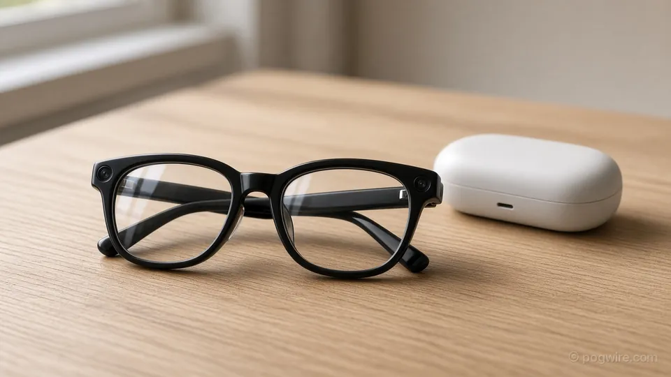 Illustration: black smart glasses with tiny cameras in the frame next to a white charging case