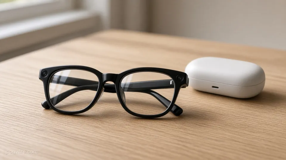 Illustration: black smart glasses with tiny cameras in the frame next to a white charging case