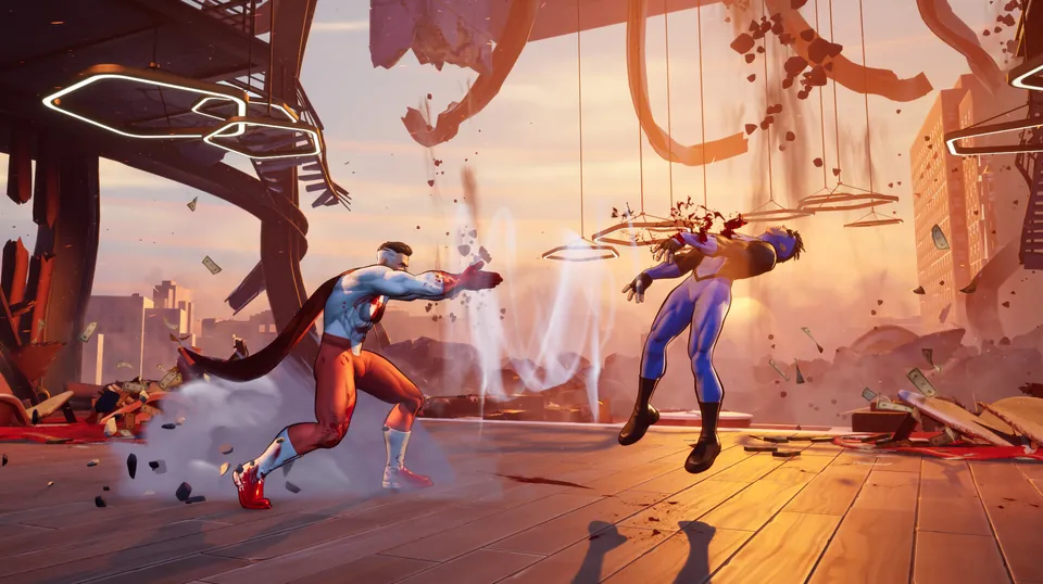 Two fighters trade blows in a wrecked room with sunlight pouring through the broken walls in Invincible VS