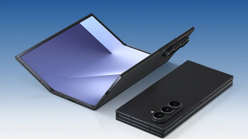 Two Galaxy Z TriFold phones in Crafted Black, one partly unfolded showing its screen and one folded showing the triple camera