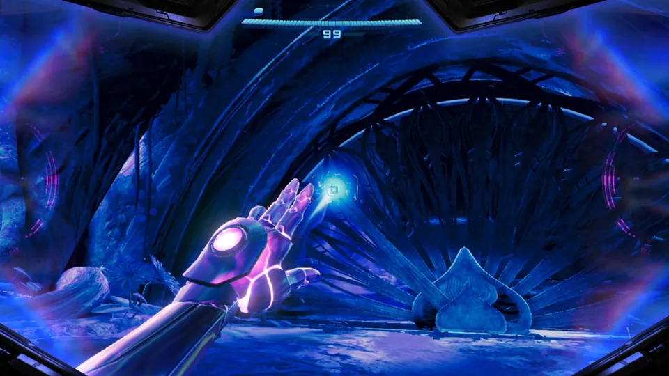 A glowing psychic hand reaches toward a sealed door inside an icy blue cavern in Metroid Prime 4: Beyond