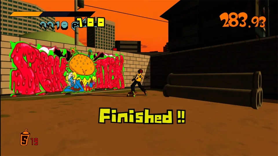 A skater stands beside a huge finished graffiti piece of a burger on an orange wall in the original Jet Set Radio
