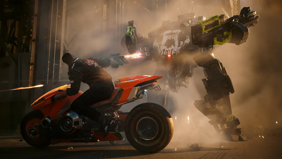 V on a red motorcycle fires at a giant combat mech on a smoky street in Cyberpunk 2077: Phantom Liberty