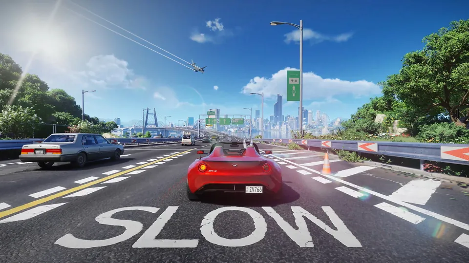 A red sports car speeds down a sunny city highway toward the skyline in Ananta