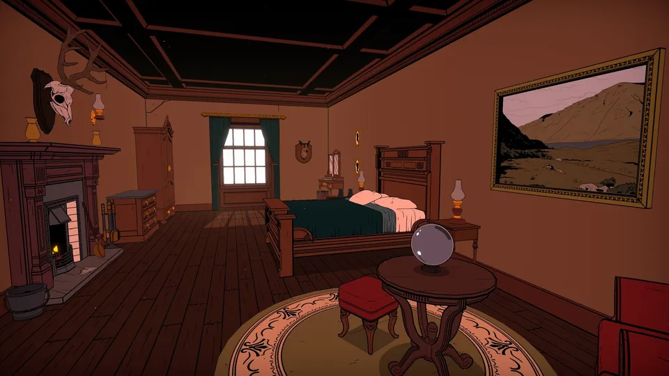 A hotel bedroom with a fireplace, a crystal ball and a mounted stag skull in The Séance of Blake Manor