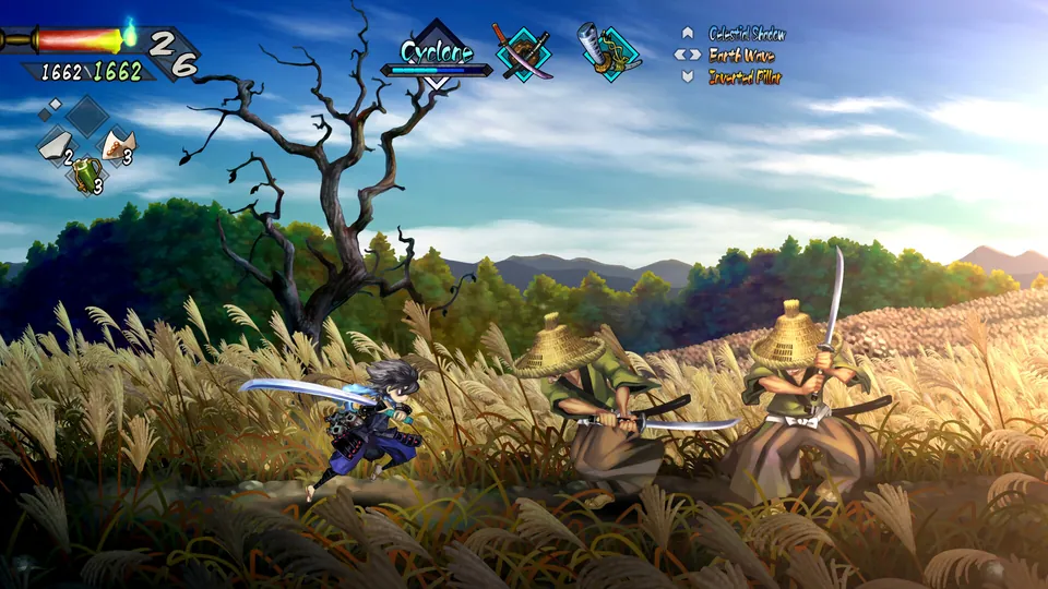 A swordsman fights two straw-hatted ronin in a field of tall grass in Muramasa: Revenant Blades