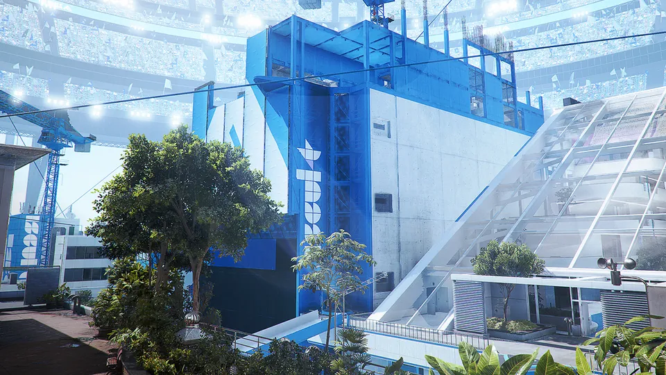 Remastered Arena in THE FINALS with a blue tower, trees and a glass-roofed building inside a stadium
