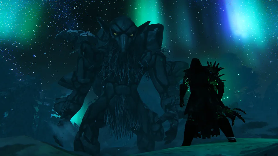 A Viking faces a huge dark creature under the northern lights