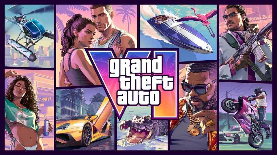 GTA 6 cover art with the Grand Theft Auto VI logo surrounded by panels of characters, cars, a boat and an alligator.