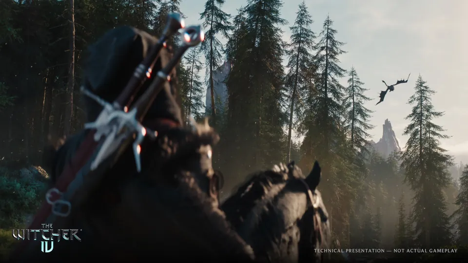 Ciri rides her horse through a pine forest with two swords on her back as a winged creature flies overhead