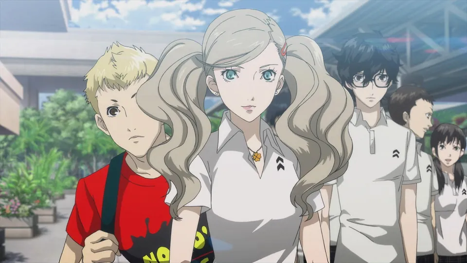 Three students in summer uniforms, one with blond twin tails and one in glasses, stand outside a school in an anime scene