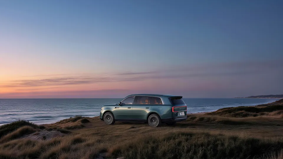 The Xiaomi Pengcheng N90 Max from the rear, parked on a grassy cliff above the sea at sunset