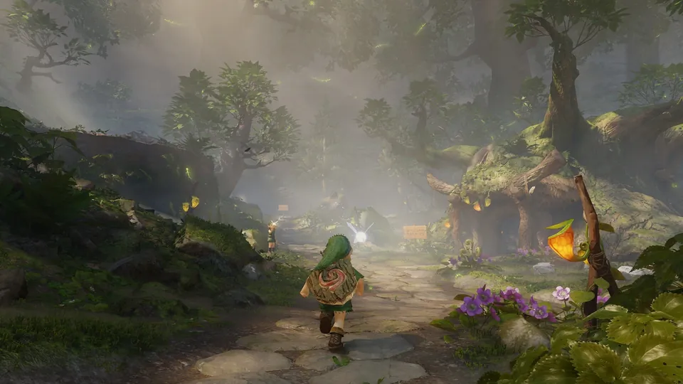 Young Link runs down a misty path through Kokiri Forest in Ocarina of Time on Switch 2.