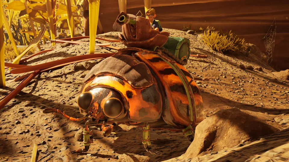 Grounded 2 Rot and Ruin image: a player rides the orange striped Potato Beetle Buggy across a dusty slope