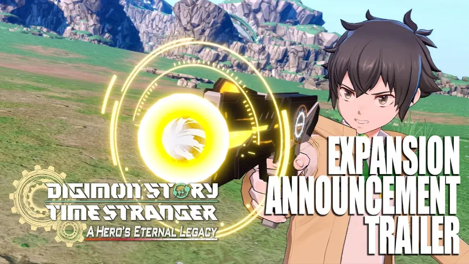 A young Agent aims a glowing device across a grassy field next to the Digimon Story Time Stranger: A Hero's Eternal Legacy logo