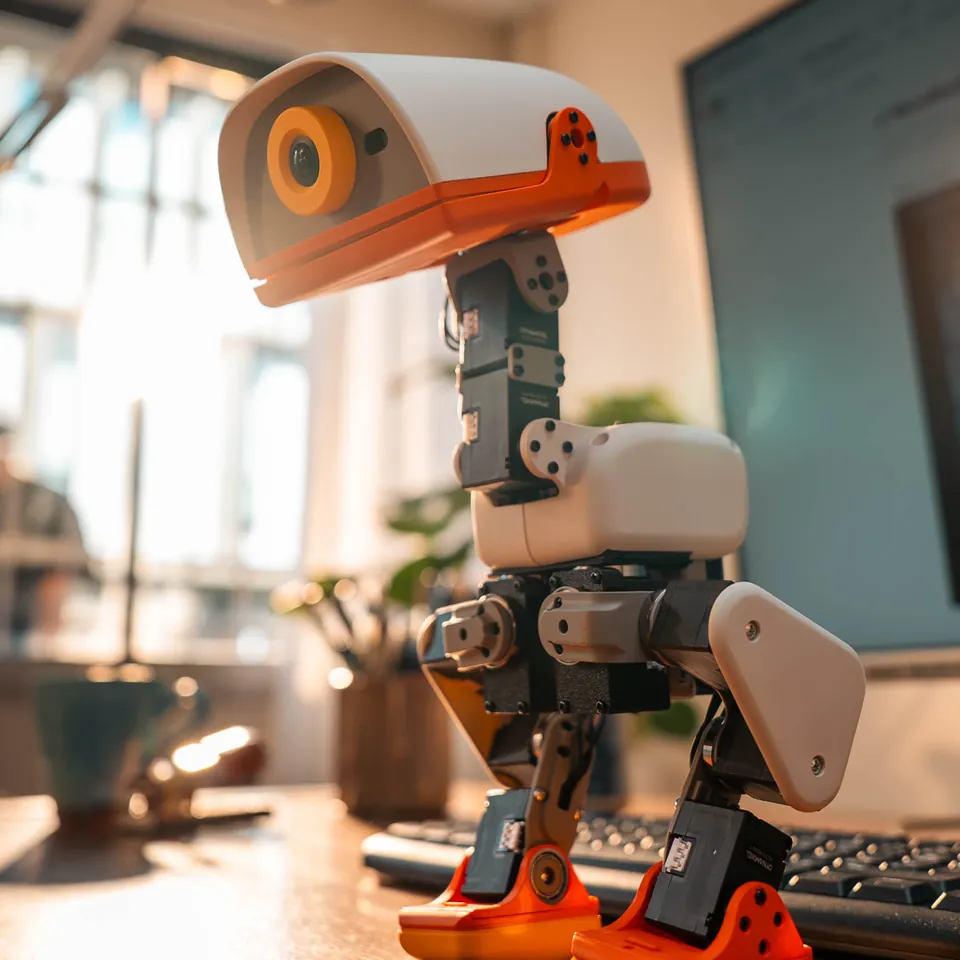 Cream Microduck robot with an orange beak stands on an office desk in front of a monitor