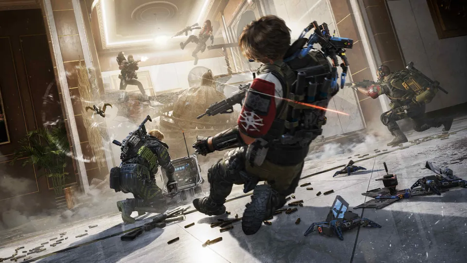 Delta Force operators storming a marble lobby, one kneeling over a bomb with a digital display, with spent casings and small drones on the floor