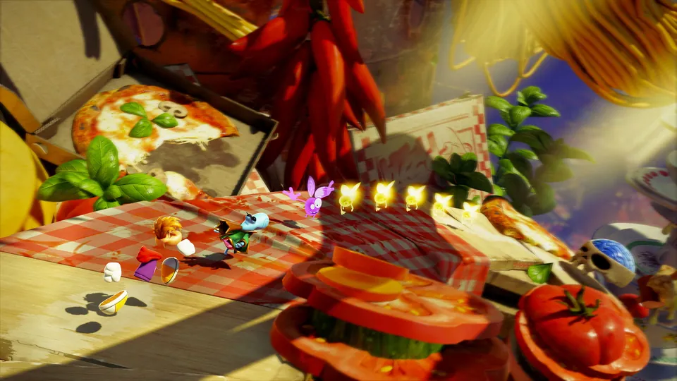Rayman and a friend run across a checkered tablecloth past pizza, chili peppers and giant tomato slices toward a row of Lums in Rayman Legends Retold