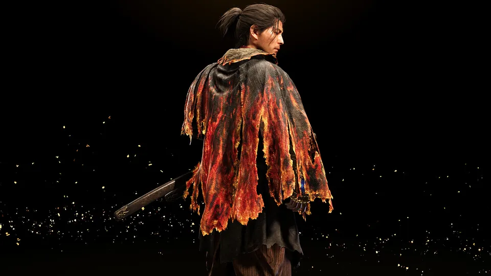 Musashi wears the flame-patterned Hellfire Haori from the Premium Kit in Onimusha: Way of the Sword
