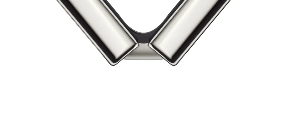 A half-folded iPhone Duo in star white seen from above, showing the titanium hinge between the two halves