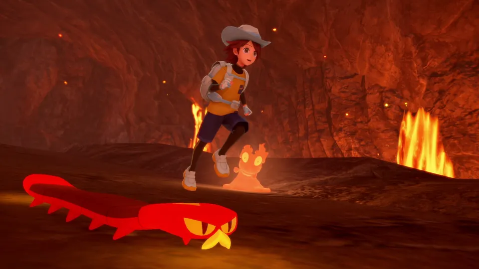 A trainer runs through a volcanic cave with Fire-type Pokémon