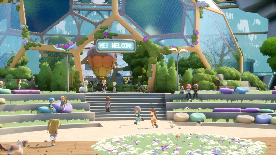 Players gather on a terraced plaza under a glass dome full of plants and flowers in Loftia