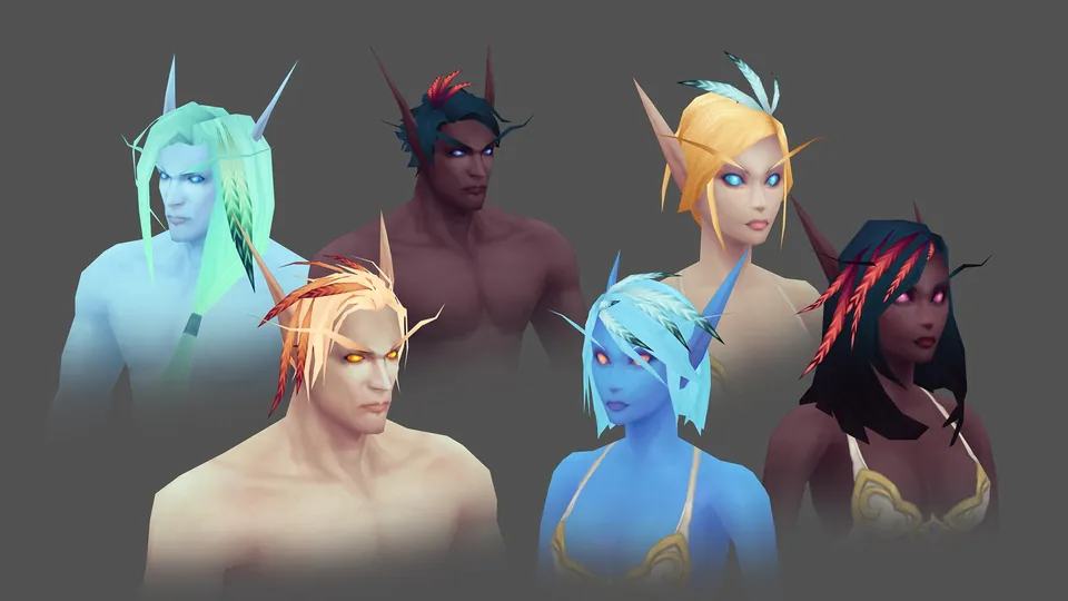 Six blood elf character models in the updated Skyborne visual style for World of Warcraft: Forever