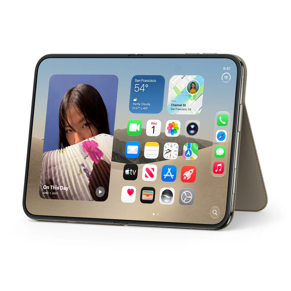 An open iPhone Duo standing in landscape on the kickstand of the taupe Folio, its inner screen showing the Home Screen