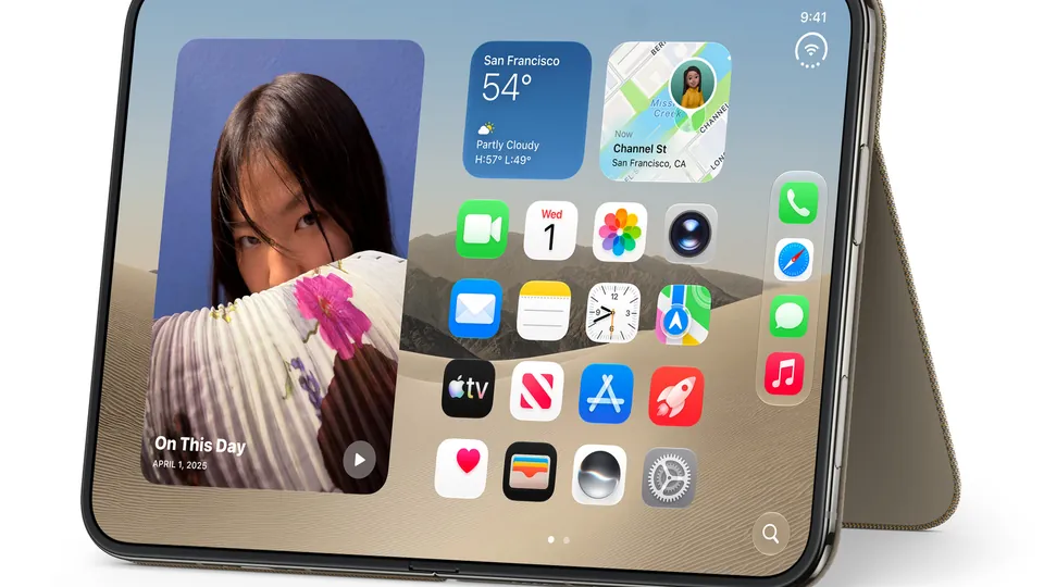 An open iPhone Duo standing in landscape on the kickstand of the taupe Folio, its inner screen showing the Home Screen