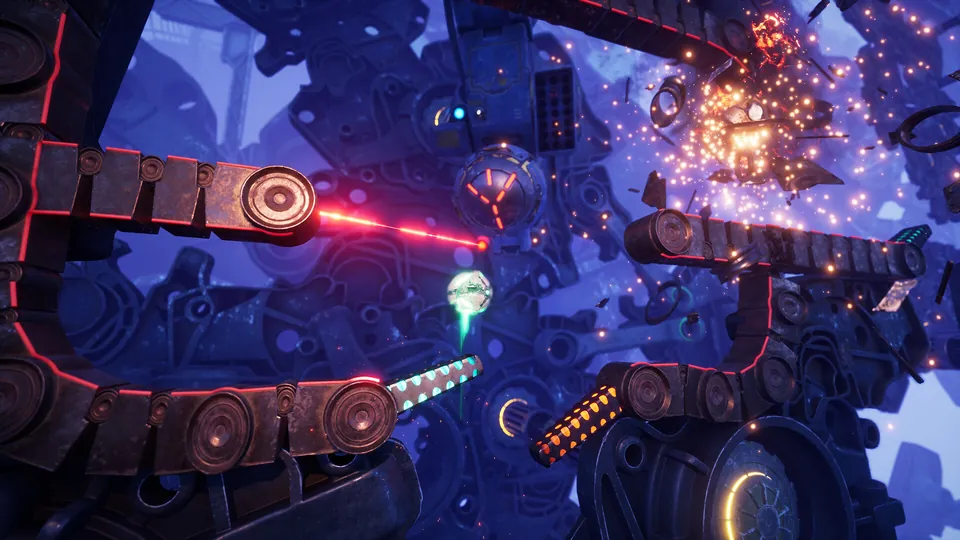 A glowing orb rolls through a maze of giant gears and red laser beams in a sci-fi level of Split Fiction.