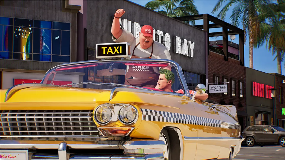 A green-haired driver sits in a yellow convertible taxi as a passenger in a red cap waves from the back seat