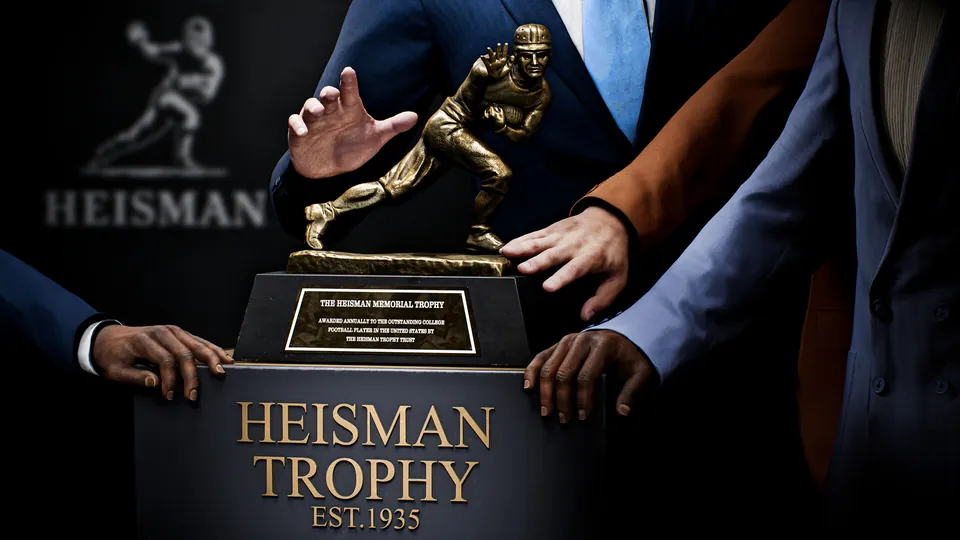 Hands reach for the Heisman Trophy at the animated ceremony in College Football 27