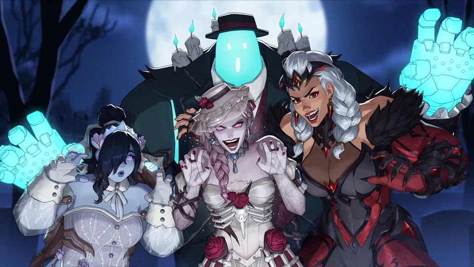 Overwatch heroes in Halloween skins, including a ghost bride and a vampire in red and black, under a full moon